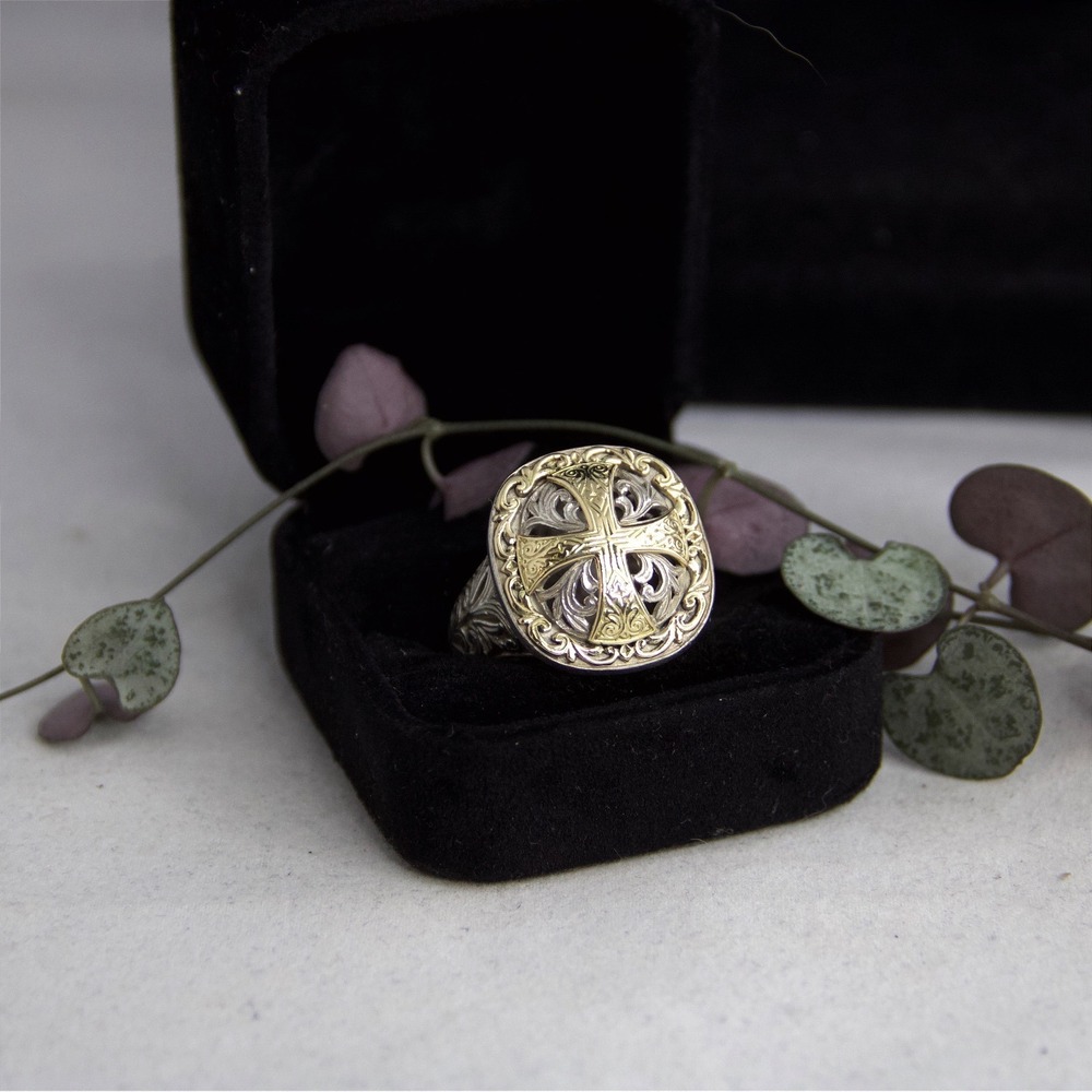 Konstantino Sterling Silver 18k Gold Maltese Cross Filigree Ring Size 12.5